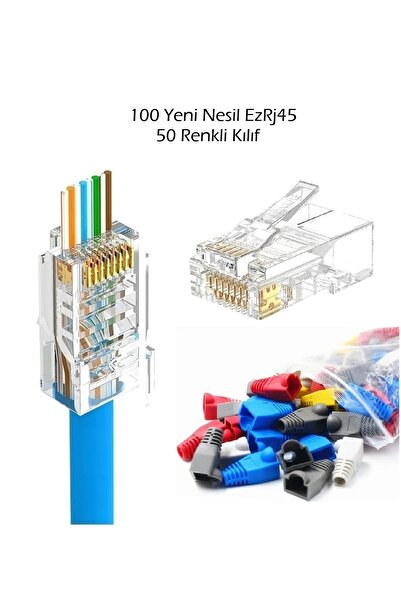 Vwin Yeni Nesil (Delikli - Açık Uçlu) Cat6 Ez Rj45 Jack (100 Adet) + Renkli K...