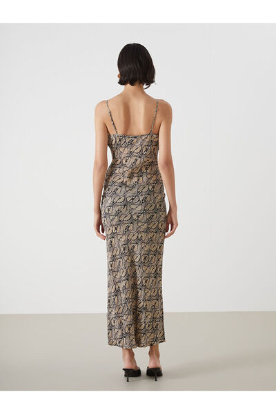 LC Waikiki Brown Heart Neckline Snakeskin Patterned Suspender Dress