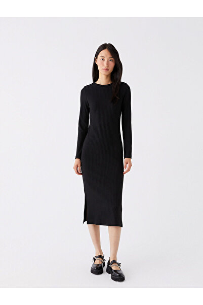 LC Waikiki Black Crew Neck Plain Long Sleeve Women Bodycon Dress