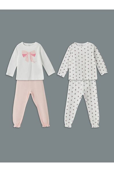 LC Waikiki Set de pijamale pentru fete LCW baby alb cu decolteu cu imprimeu, 2 piese