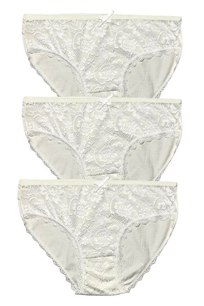 Gizli Butik Set chiloți bikini damă din bumbac ecru 3 piese - dantelă în față
