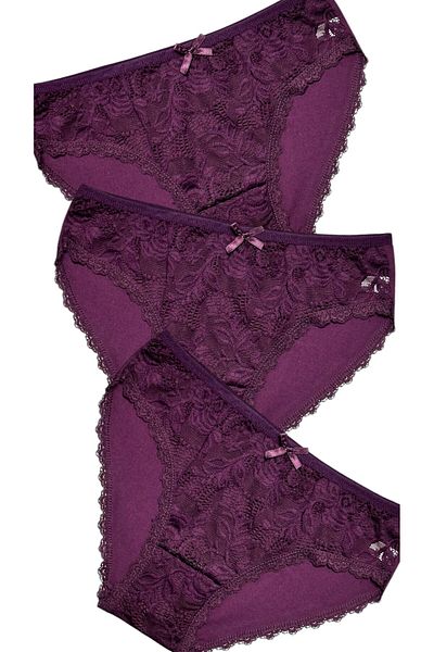 Gizli Butik Set de 3 chiloți bikini pentru femei din bumbac din dantelă mov