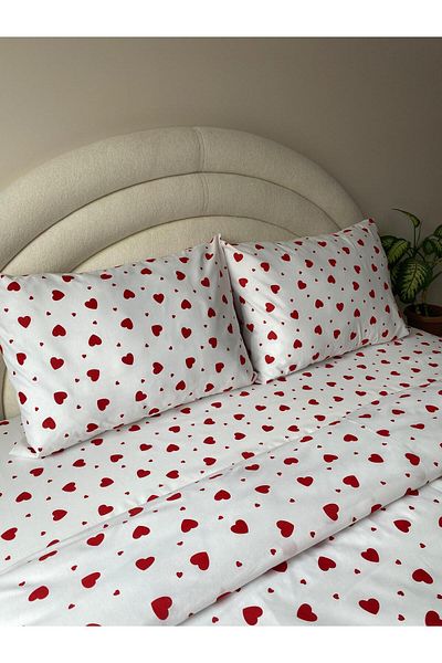 GİNETEKS Set lenjerie de pat dublu elastic din 4 piese - model inimă