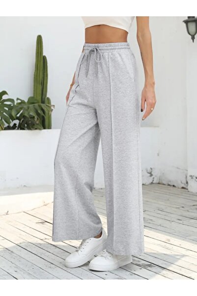 CAONNES Kadın Gri Ön Cımalı  Baggy Büyük Beden  Bol Kesim Esnek Rahat Kumaş Eşofman Altı Pantolon Altı 75465