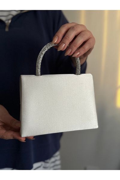 Mimoza Women's White Satin Evening Dress Bag - Crystal Buckle - Chain Long Strap Wedding / Bridal / Wedding