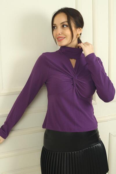 By Saygı Women's Lycra Blouse with Front Window and Knot Detail