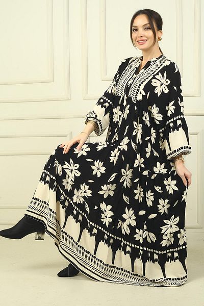 By Saygı Rochie lungă supradimensionată pentru femei, cu jumătate de nasture în față, cu volane, cu imprimeu floral
