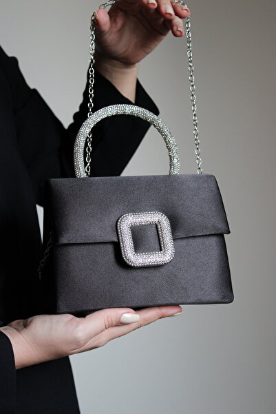 Mimoza Women's Black Satin Evening Bag - Crystal Buckle - Chain Long Strap