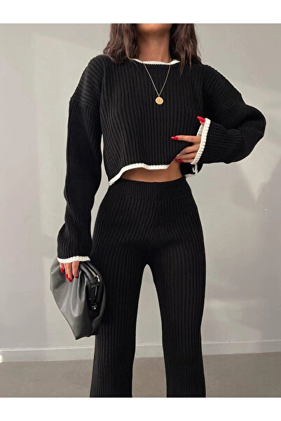 LocaMz Black Oversize Slit Detailed Crew Neck Knitwear Bottom-Top Set
