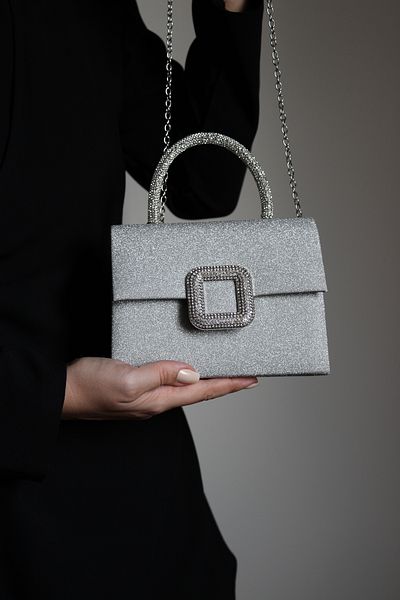 Mimoza Women's Silver Silvery Evening Dress Bag - Crystal Buckle - Chain Long Strap (Not Ship)