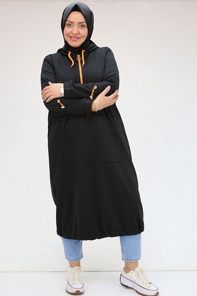 Eslina 48096 Plus Size Kangaroo Pocket Osyho Tunic - Black