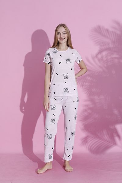 Burki Pink Rabbit Print Women's Short Sleeve Crew Neck Pajamas Set