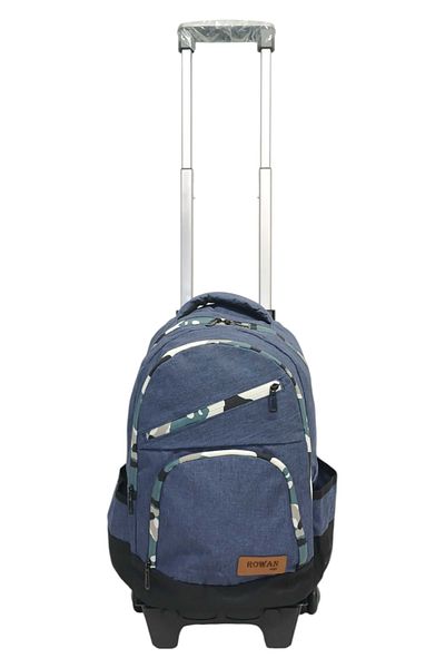 ROWAN ÇANTA Navy Blue Linen Fabric School Backpack with Wheels with 2 Stage Portable Drucker with Laptop Compartment