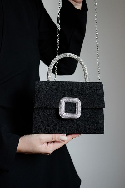 Mimoza Women's Black Silvery Evening Bag - Crystal Buckle - Chain Long Strap