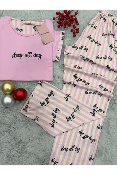 pijamaworld New Season Milan Fabric Short Sleeve Short Sleeve Long Pajama Set