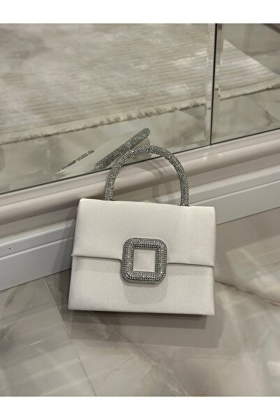 Mimoza Women's White Satin Evening Dress Bag - Crystal Buckle - Chain Long Strap Wedding / Bridal / Wedding