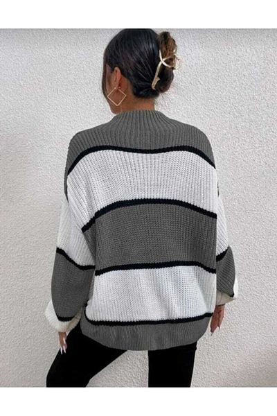 trikomode Gray White Half Fisherman Oversize Women's Striped Knitwear Sweater