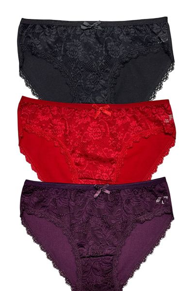 Gizli Butik Pachet de 3 chiloți bikini din bumbac pentru femei - dantelă în față neagră, roșie, violet