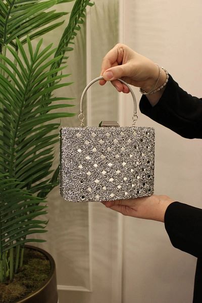 Mimoza Women's Double-Way Stone Evening Bag with Movable Handle and Chain Strap