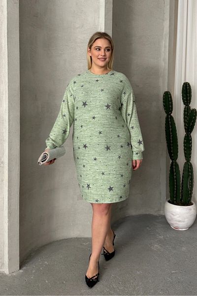 Stil Diva Plus Size Long Sleeve Crew Neck Star Print Stretchy Dress 84-158