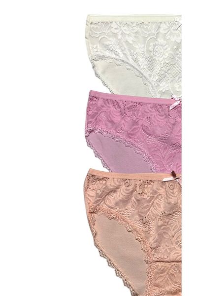 Gizli Butik Set bikini din bumbac pentru femei, roz ecru, 3 piese - dantelă în față