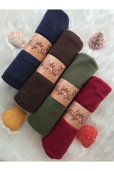 Lidya Şal Copy - Combed Cotton Shawl Set of 4 (Dark Blue - Bitter Brown - Khaki - Burgundy)