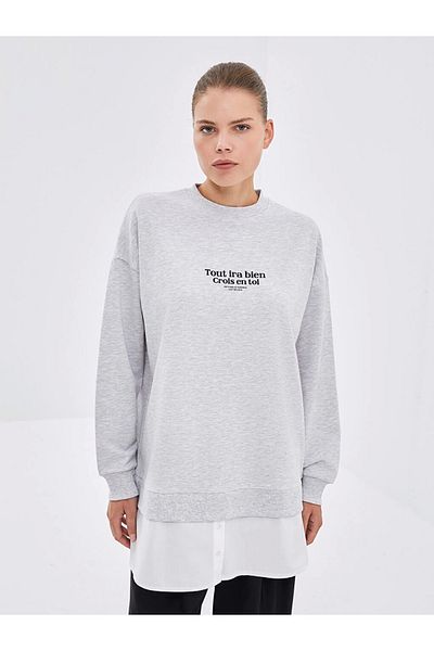 LC Waikiki Lcw Modest Gray Crew Neck Printed Oversize Women's Sweatshirt Tunic