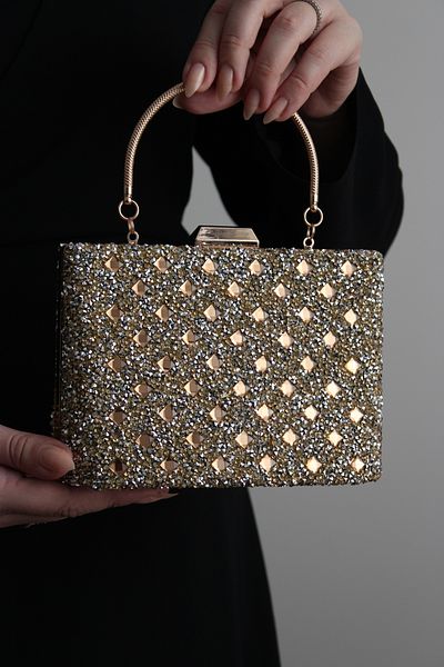 Mimoza Women's Gold Double-Way Stone Evening Bag with Movable Handle and Chain Strap