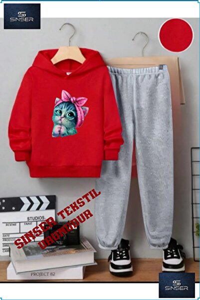SS SİNSER طقم بدلة رياضية للأطفال بطبعة "قطة لطيفة" بغطاء للرأس