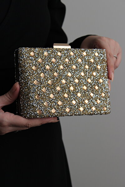 Mimoza Women's Gold Double-Way Stone Evening Bag with Movable Handle and Chain Strap