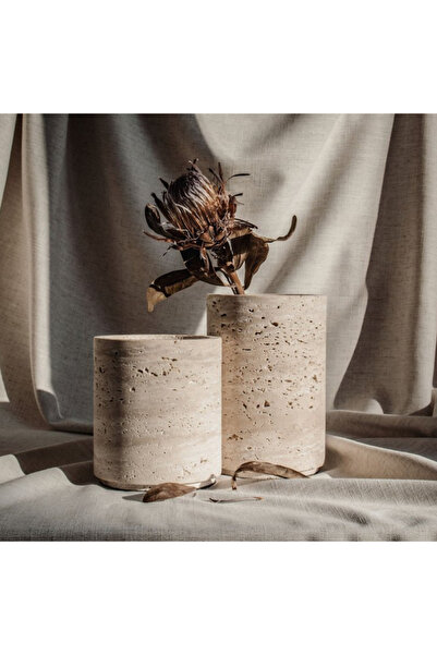 MIARIK DESIGN & DEKORASYON Dekoratif Traverten 2li Mermer Vazo