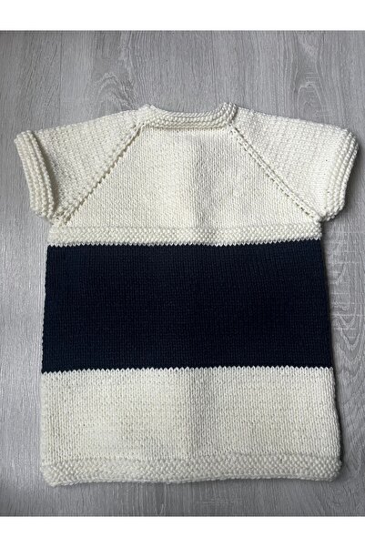 ŞengülKozmetik Baby Boy Vest White Navy Blue Hand Knitted with Teddy Bear