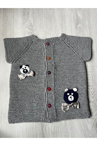 ŞengülKozmetik Baby Boy/Child Gray Bow Tie Bear Figure Vest Hand Knitted