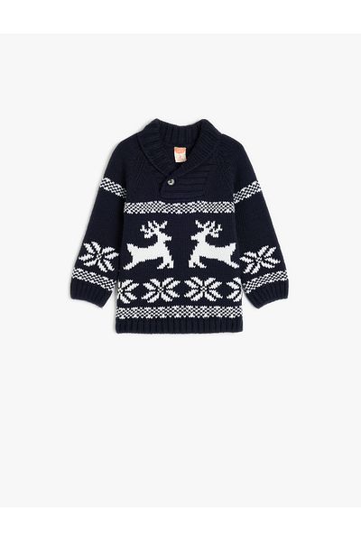 Koton Kt - Deer Print Long Sleeve and Button Detail Sweater