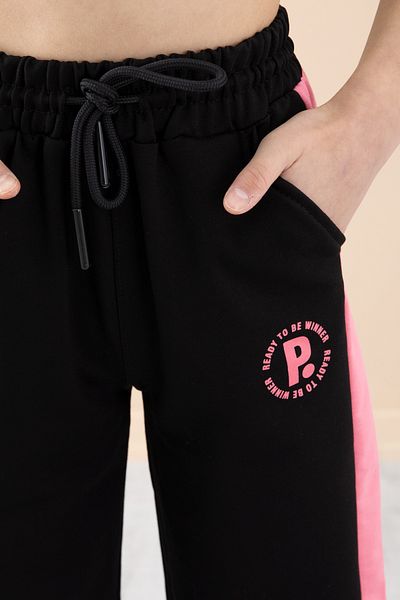 Cansın Mini Black Garnished Wide Leg Girl's Elastic Waist Sweatpants 20198