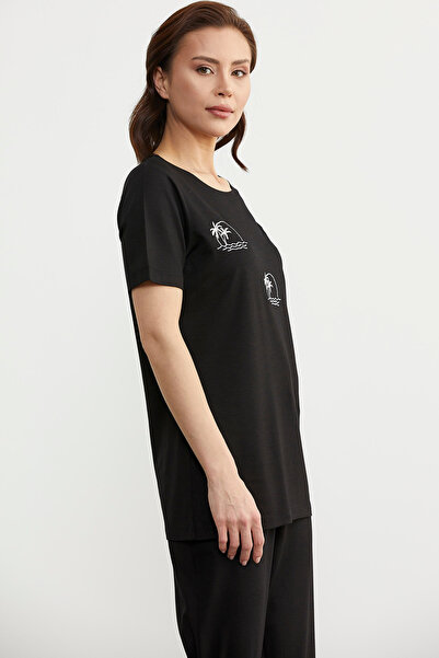 Sementa Black Palm Embroidered Draped Combed Cotton Set