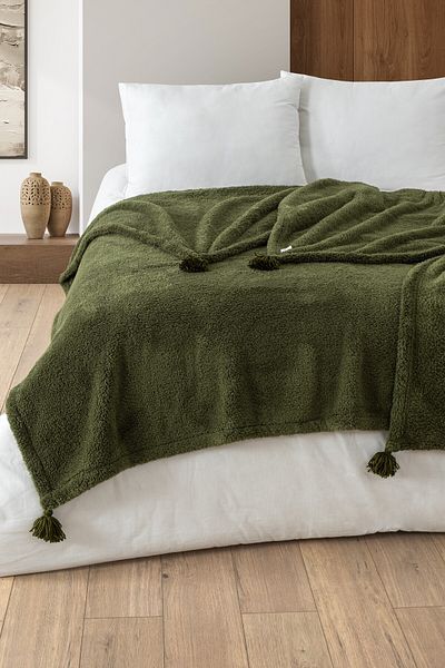 Denizli Concept Soft Khaki Puffy Wellsoft Tasseled Blanket – Plush Tv Blanket