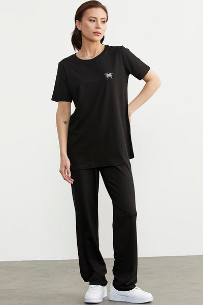 Sementa Black Embroidered Combed Cotton Pants Set