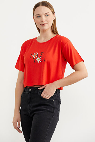 Sementa Oversize Printed Crop T-Shirt - Coral