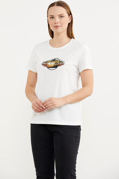 Sementa Short Sleeve Printed Basic T-Shirt - Ecru