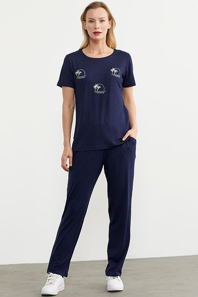 Sementa Navy Blue Palm Embroidered Draped Combed Cotton Set