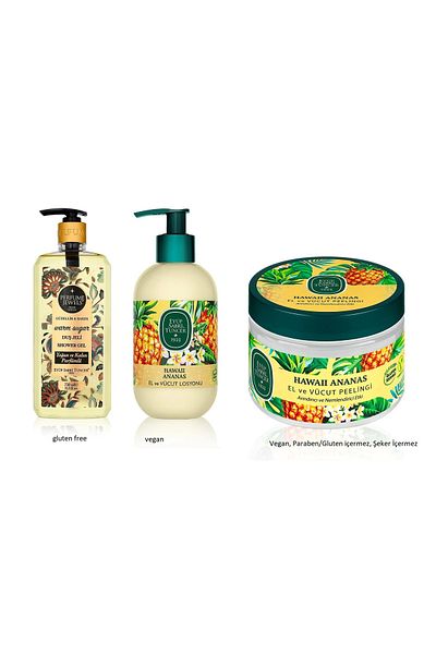 Eyüp Sabri Tuncer 750ml Warm Sugar Shower Gel, 280ml Hawaii Pineapple Lotion, 400ml Hawaii Pineapple Peeling