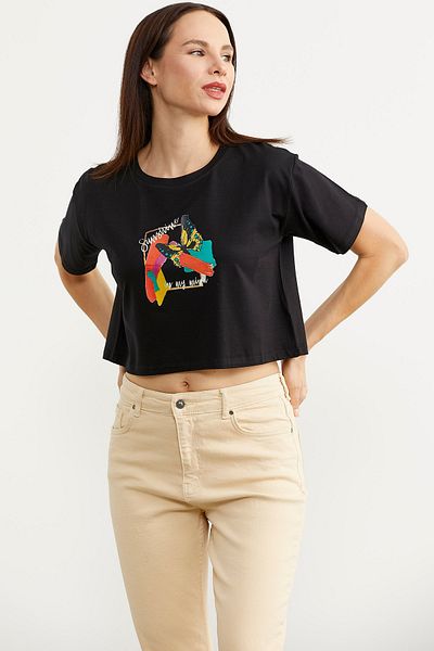 Sementa Oversize εμπριμέ Crop T-shirt - Μαύρο
