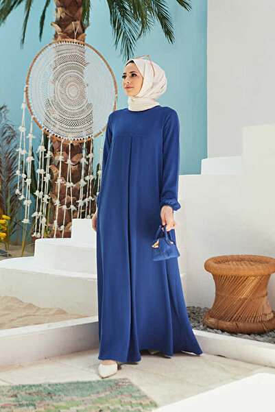 Neways 6482-Front Single Pleated Saks Blue Crepe Dress