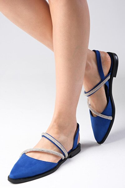 Mio Gusto Poppy Saks Mavi Süet Taşlı Kadın Babet Günlük Düz Ayakkabı