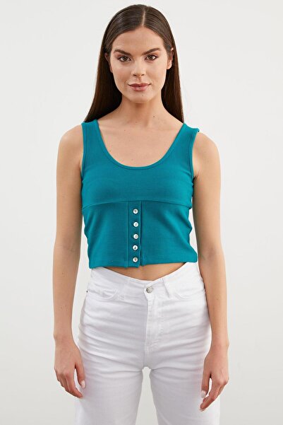 Sementa Ribbed Crop T-Shirt with Strappy Button Detail - Petrol