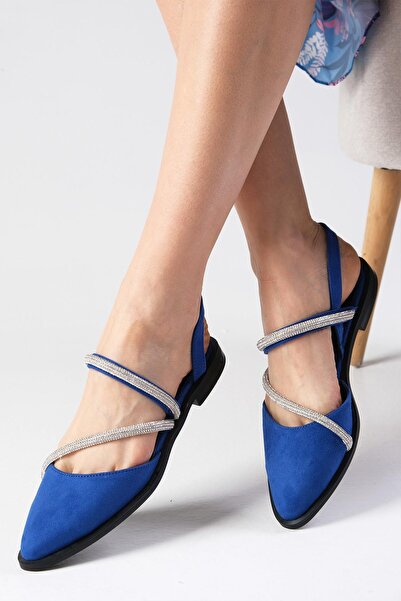 Mio Gusto Poppy Saks Mavi Süet Taşlı Kadın Babet Günlük Düz Ayakkabı