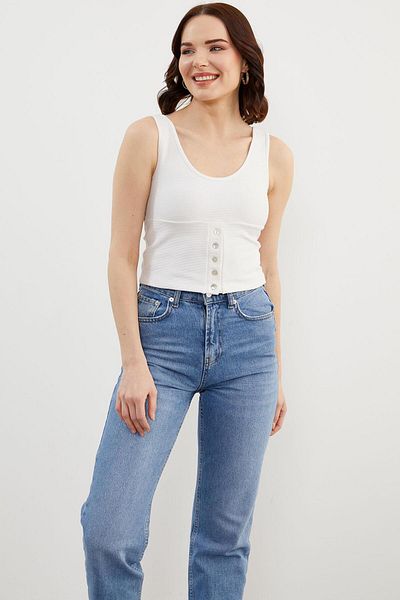 Sementa Tricou crop cu nervuri cu detaliu cu bretele - alb