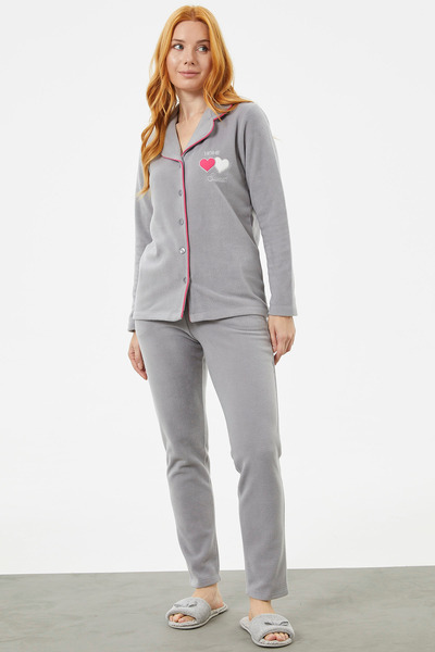 Sementa Shirt Collar Buttoned Fleece Pajama Set - Gray