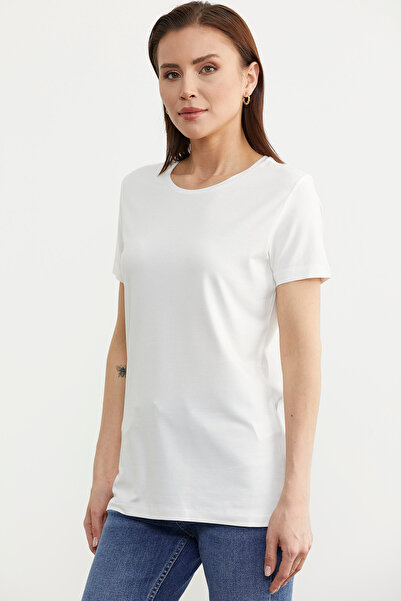 Sementa Ecru Color - Null Collar Short Sleeve Basic T-Shirt